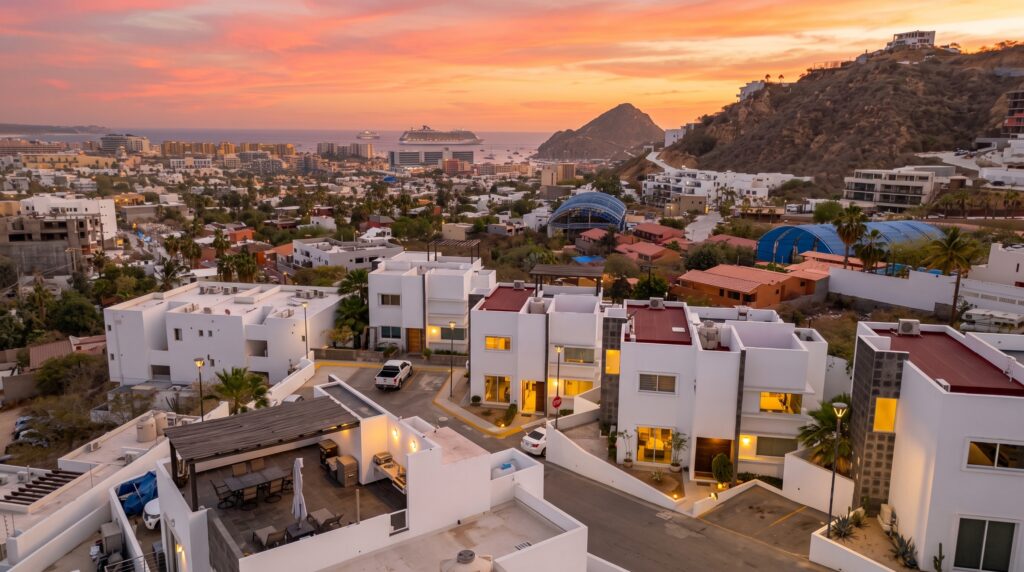 Fachada principal de Casa Sunset en San Charbel Los Cabos con vista al atardecer